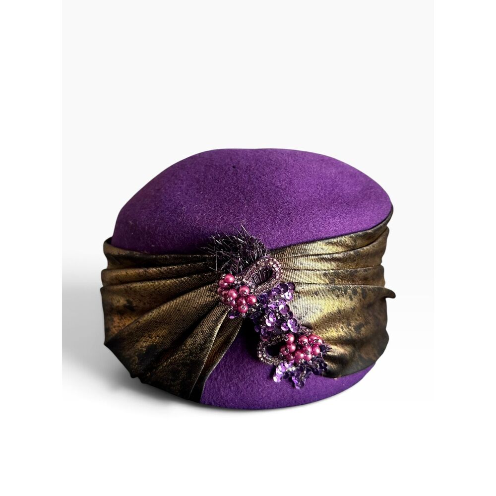 Vintage Purple Wool Pillbox Hat Rhinestones Satin Wrap 1960s Jackie O Aesthetic